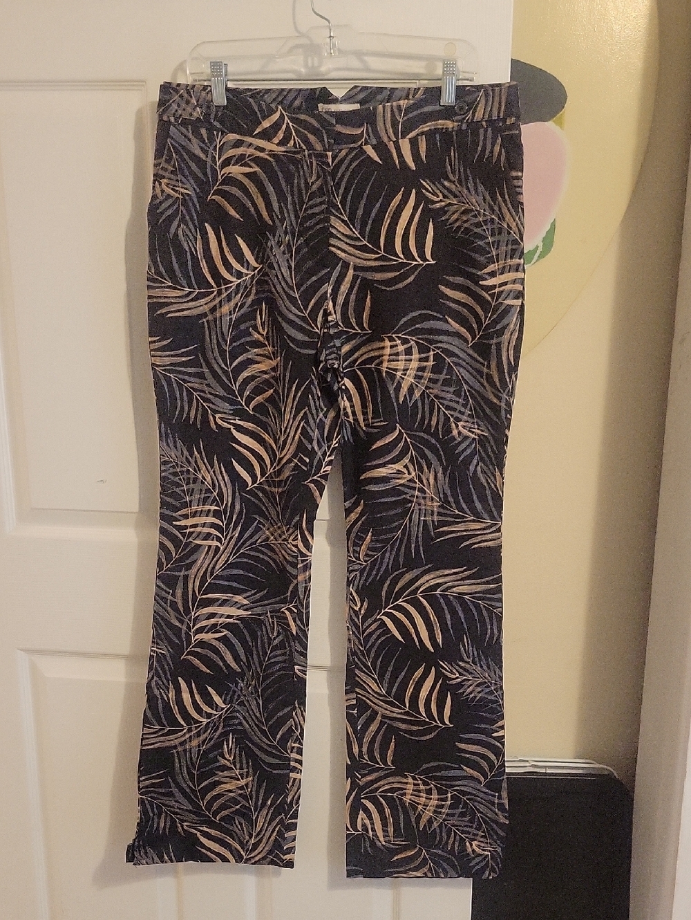 Cato 14 Linen Black Pants with Beige and Light Gray Leaf Print Front pockets
